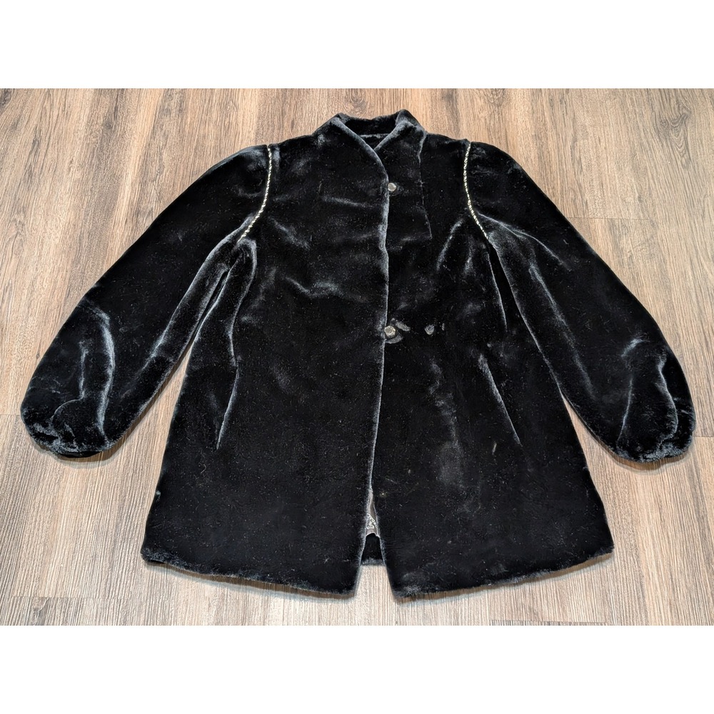 Vintage Jordache Black Faux Fur Coat Beaded Trim Size 9/10 Made in USA READ